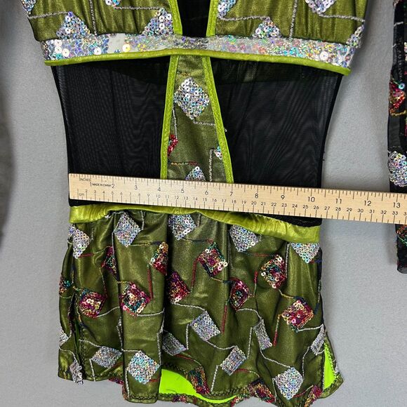 Mara Dancewear Medium Green Sequin Mesh Long Sleeve Alternative Leotard Shorts - Picture 4 of 12